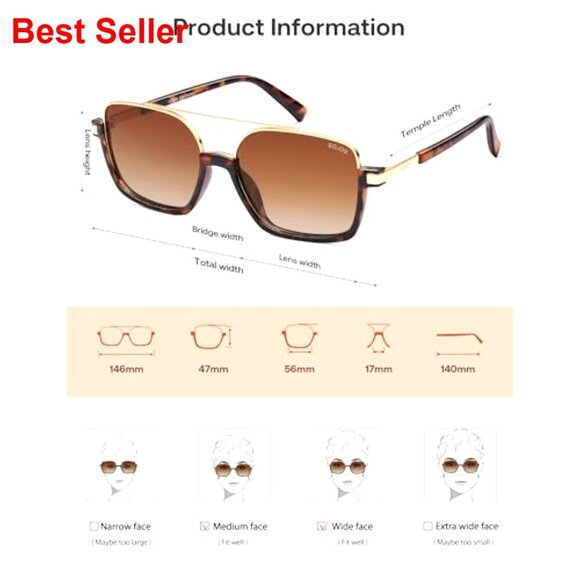 Polarized Aviator Sunglasses Oversized Square Frame UV400 Protection